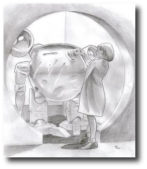“Daddy!” Rachel shouted. “There’s a robot at the door.” Artwork (c) 2008, R.W. Ware