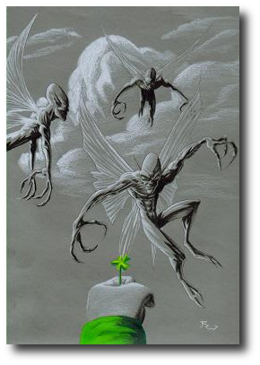 Seamus trudged toward the battlefield, four-leaf clover held aloft. Three fairies descended on him. Artwork © 2008, R.W. Ware