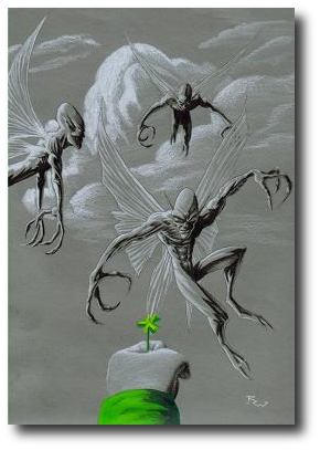 Seamus trudged toward the battlefield, four-leaf clover held aloft. Three fairies descended on him. Artwork (c) 2008, R.W. Ware