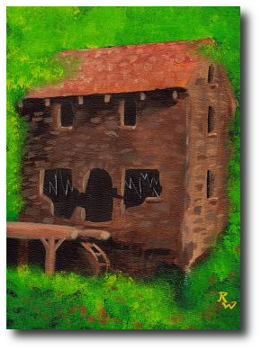 Standing in the old mill’s shadows, Donny Ray could believe this was a place spirits dwelled. Artwork (c) 2008, R.W. Ware