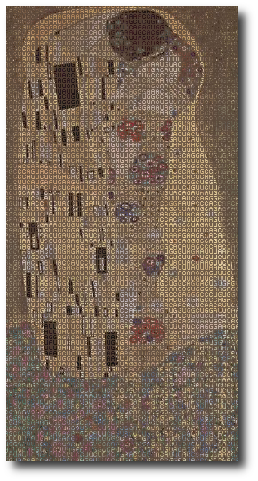 Simmy was an unaccounted-for variable — an anomaly. Artwork : The painting by Gustav Klimt, overlaid with the human genetic code. The original painting is in the public domain; the typeface is the free bitmap font . These versions (above and the larger version you reach by clicking on the image) are hereby released using the License.