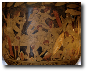 “Well, old servant,” he said, “have your masters been kind to you since I made you work for me round Ilion?” Artwork : This is an image of the slaughter of Penelope’s suitors by Odysseus, Telemachus, and Eumeus, captured in ancient Greek pottery. It is in the public domain and comes to us via .