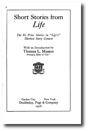 The title page of the book containing the Life Shortest Stories prize winners. Artwork : This photo is in the public domain.