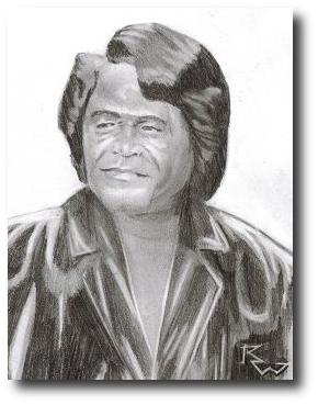 In front of a Laundromat, on the sidewalk, stands a dark man with black hair in a leather jacket. He wiggles thick eyebrows up and down and squints in the snow as he smokes a cigarette. Megan speaks. “Hey, look, James Brown.” Artwork (c) 2007, R.W. Ware