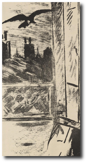 The pile of pillows and the old wig were still feigning sleep when a pair of ravens landed on the windowsill. Artwork : This drawing is in the .