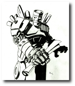 They came every night and sat at their tables with rattles and creaks. Gray-blue visages bathed in the golden light from Outside. Here a steel leg crossed over a many-jointed knee, there a dozen long fingers laced together in a steeple. Artwork © 2010, R.W. Ware