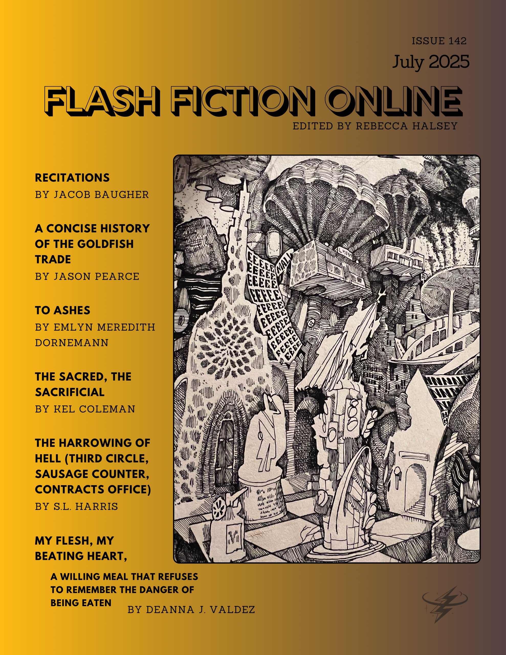 FlashFictionOnlineCoverJuly2025 Cover for July 2025. Cover art is pen-and-ink drawing of a church in ruins within a futuristic city.